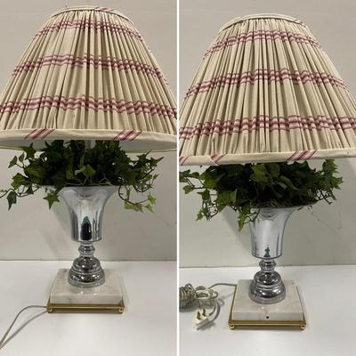 Pair of Metal Table Lamps with Marble Bases and Artificial Ivy