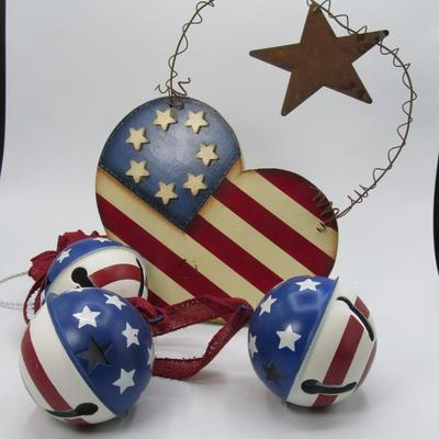 Fourth of July Decorations Lot Red White & Blue wall hanging and 3 painted bells