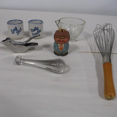 Vintage Kitchen Goods- Garlic Press, Mortar and Pestle, Whisk, Toothpick Holder