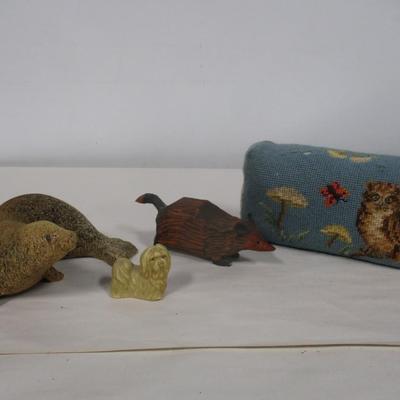 Animal Collection- Carved Stone Seal, Wooden Possum, Owl Brick Door Stop