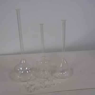 Glass Flask & Miniature Glass Candlesticks Beakers
