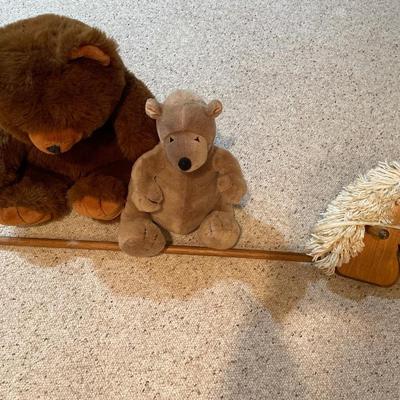 Vintage wooden stick horse and bear stuffies