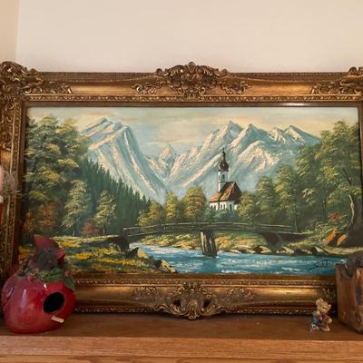 Christmas decor and oil painting mountains and river