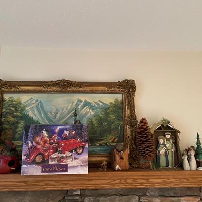 Christmas decor and oil painting mountains and river