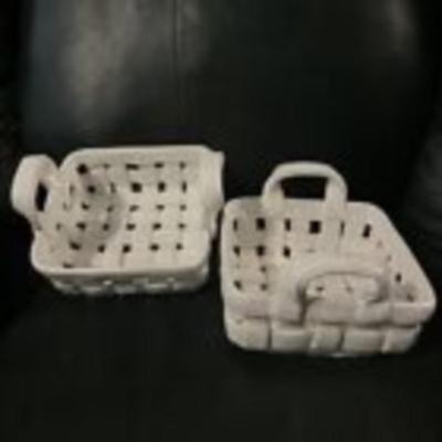 Vintage White Porcelain Woven Basket Weave 6" X 6" 3" Tall