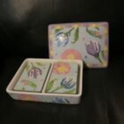 Porcelain Card Dish with 2 Decks of Floral Playing Cards