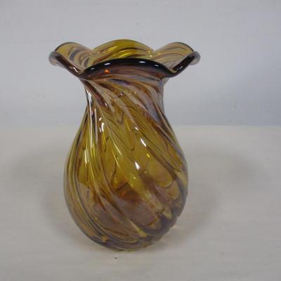 Amber Swirl Ruffle Edge Hand Blown Vase