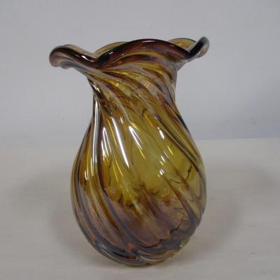 Amber Swirl Ruffle Edge Hand Blown Vase