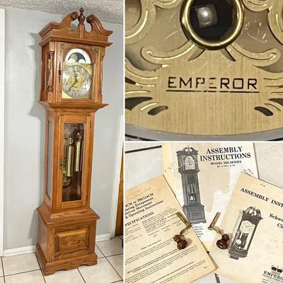 EMPEROR CLOCK COMPANY ~ Solid Oak Celestial Grandfather Clock