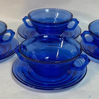 Hazel Atlas Cobalt Blue Moderntone 1940's Set of 4 Teacups and Saucers