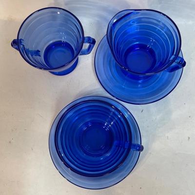 Hazel Atlas Cobalt Blue Moderntone 1940's Depression Glass Sugar, Creamer, & cup with saucer