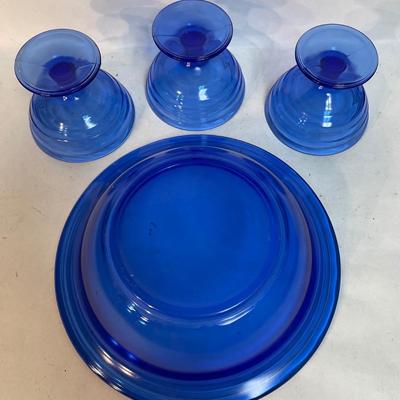 Hazel Atlas Cobalt Blue Moderntone 1940's Depression Glass Berry Bowl with 3 dessert cups