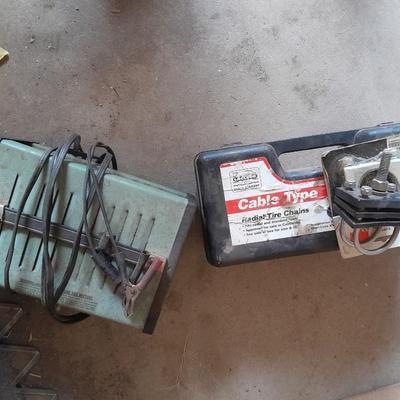 Cable type Tire chains - battery charger and new universal Muffler clamps