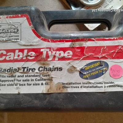 Cable type Tire chains - battery charger and new universal Muffler clamps