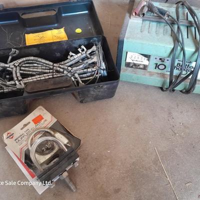 Cable type Tire chains - battery charger and new universal Muffler clamps