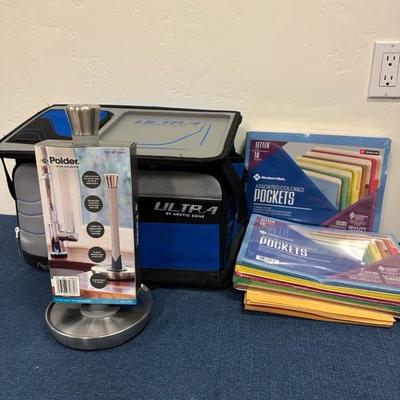 Lot 290 Arctic zone, cooler, paper, towel holder and office supplies