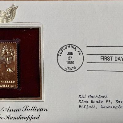 Helen Keller, Anne Sullivan Educating The Handicapped Gold Stamp Replica First Day Cover