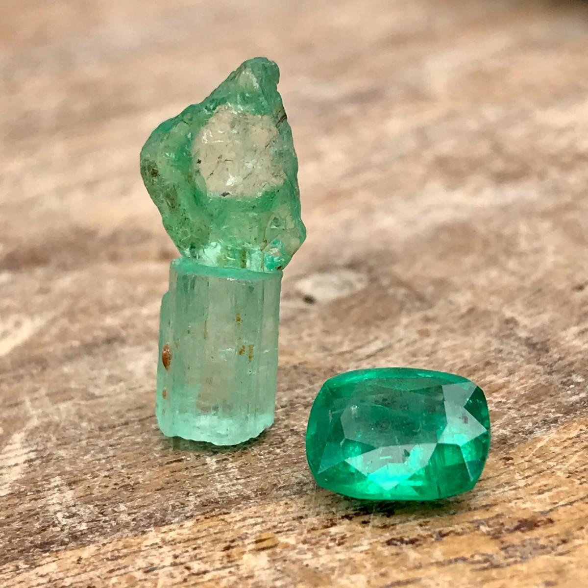 Piece Of Rough Nice Green Tourmaline and An Emerald Cut 12.5ct