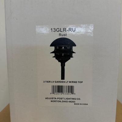 Lot 436 BOX OF FOUR 3 TIER, RUST COLOR LOW VOLTAGE METAL ROUND TOP GARDEN LIGHTS BY ADJUSTA-POST LIGHTING CO. MODEL 13GLR-RU