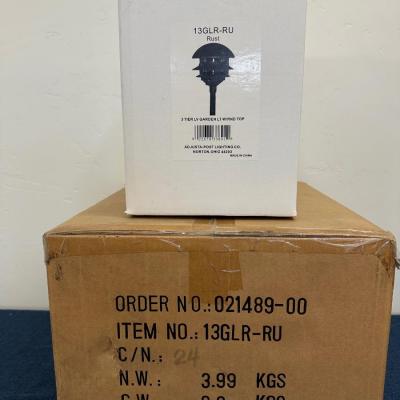 Lot 439 BOX OF FOUR 3 TIER, RUST COLOR LOW VOLTAGE METAL ROUND TOP GARDEN LIGHTS BY ADJUSTA-POST LIGHTING CO. MODEL 13GLR-RU