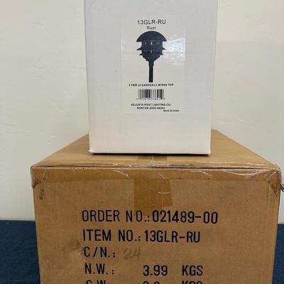 Lot 445 BOX OF FOUR 3 TIER, RUST COLOR LOW VOLTAGE METAL ROUND TOP GARDEN LIGHTS BY ADJUSTA-POST LIGHTING CO. MODEL 13GLR-RU