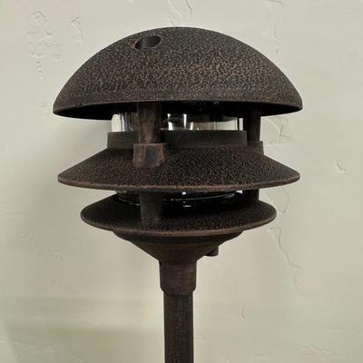 Lot 446 BOX OF FOUR 3 TIER, RUST COLOR LOW VOLTAGE METAL ROUND TOP GARDEN LIGHTS BY ADJUSTA-POST LIGHTING CO. MODEL 13GLR-RU