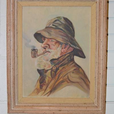 Vintage Original Oil Fisherman Painting, Wormwood Frame 20.25x16.25