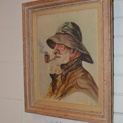 Vintage Original Oil Fisherman Painting, Wormwood Frame 20.25x16.25