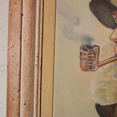 Vintage Original Oil Fisherman Painting, Wormwood Frame 20.25x16.25