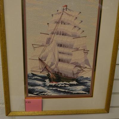 Framed & Matted Fiber Art Galleon 26.5"x20.5"
