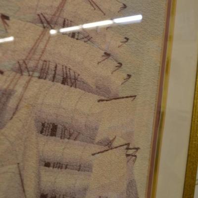Framed & Matted Fiber Art Galleon 26.5"x20.5"