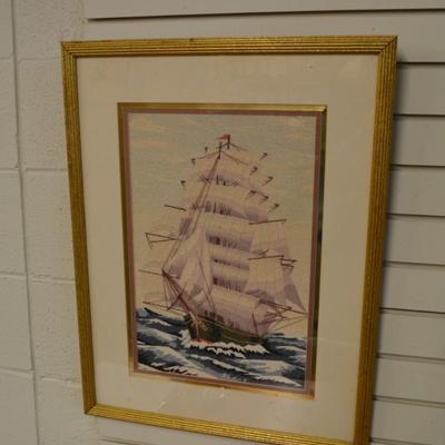 Framed & Matted Fiber Art Galleon 26.5"x20.5"