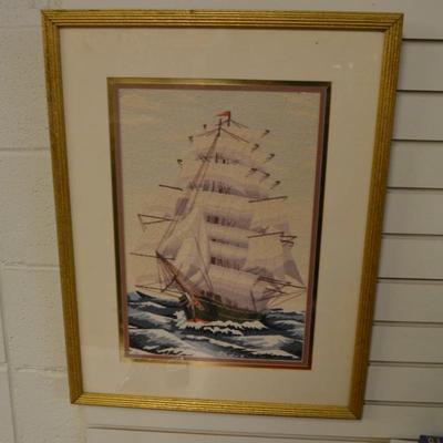 Framed & Matted Fiber Art Galleon 26.5"x20.5"