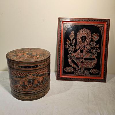 Burmese Lacquerware Betel Box & Hindu Goddess Plaque (BS-JS)