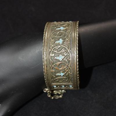 Vintage Sterling Berber Cuff Bracelet w/ Pin Closure, Blue Enamel 7.5â€, 63.0g