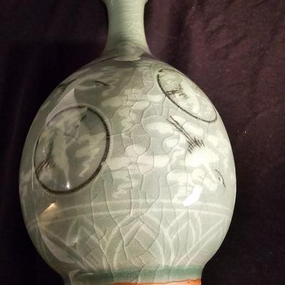 Pair of Celadon Crane Themed Vases (BS-JS)
