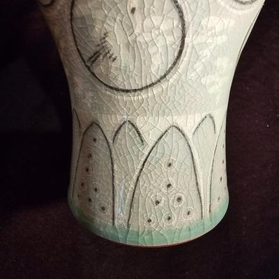 Pair of Celadon Crane Themed Vases (BS-JS)