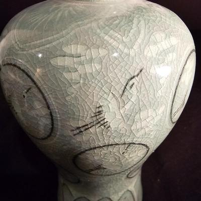 Pair of Celadon Crane Themed Vases (BS-JS)