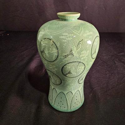 Pair of Celadon Crane Themed Vases (BS-JS)