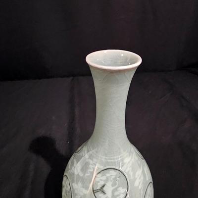 Pair of Celadon Crane Themed Vases (BS-JS)