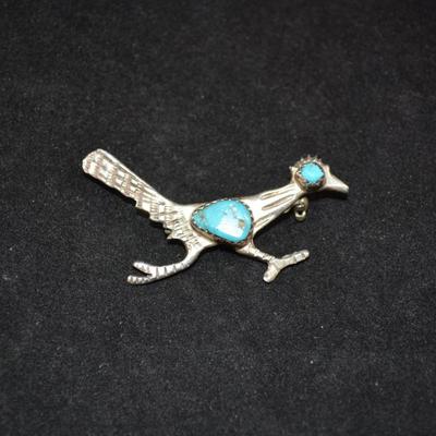 Sterling Silver & Turquoise Roadrunner Pin 2â€, 4.2g