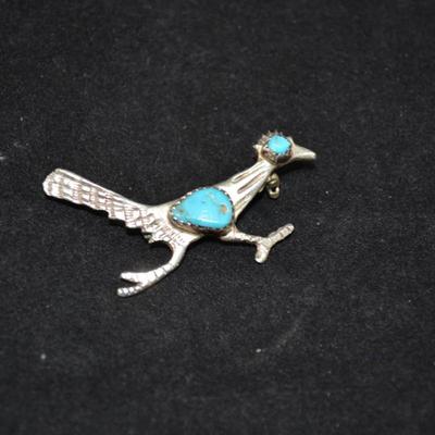 Sterling Silver & Turquoise Roadrunner Pin 2â€, 4.2g