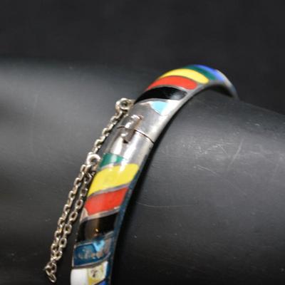 925 Sterling Silver Rainbow Enamel Paint Clasp Bracelet 7.5â€, 17.9g