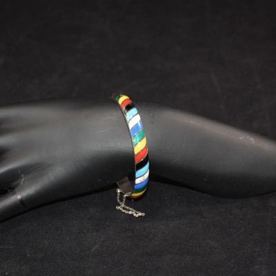 925 Sterling Silver Rainbow Enamel Paint Clasp Bracelet 7.5â€, 17.9g