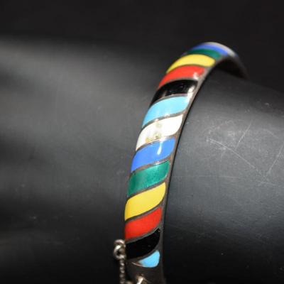 925 Sterling Silver Rainbow Enamel Paint Clasp Bracelet 7.5â€, 17.9g