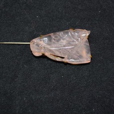 Antique/Vintage 10k Gold w/ Carved Rose Quartz Horsehead Brooch 6.1g