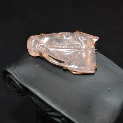 Antique/Vintage 10k Gold w/ Carved Rose Quartz Horsehead Brooch 6.1g