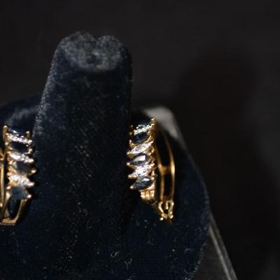 925 Sterling Silver Gold-Tone Hoop Earrings w/ Topaz Settings 3.1g