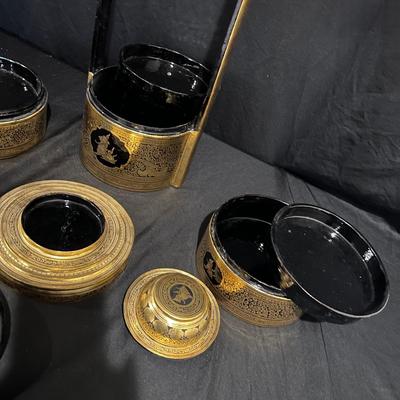 Vintage Gold Lacquer Offering Vessel & Picnic Basket (BS-JS)