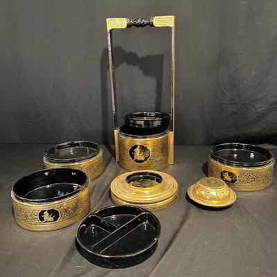 Vintage Gold Lacquer Offering Vessel & Picnic Basket (BS-JS)